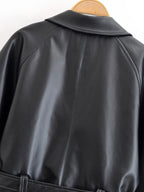 Women's Jacket Vintage Faux Leather Belted Turn-Down Lapel Full-Zip Full-Sleeve Short Motorcycle Coat