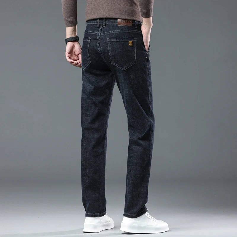 New High Quality Jeans Men's Business Casual Straight Denim Pants Stretch Fashion Classic Work Trousers Blue Black Male
