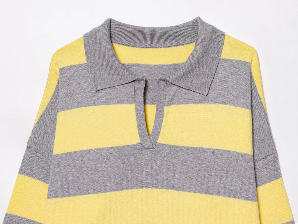 Women's Striped Polo Sweater Casual Long Sleeve Loose Pullover