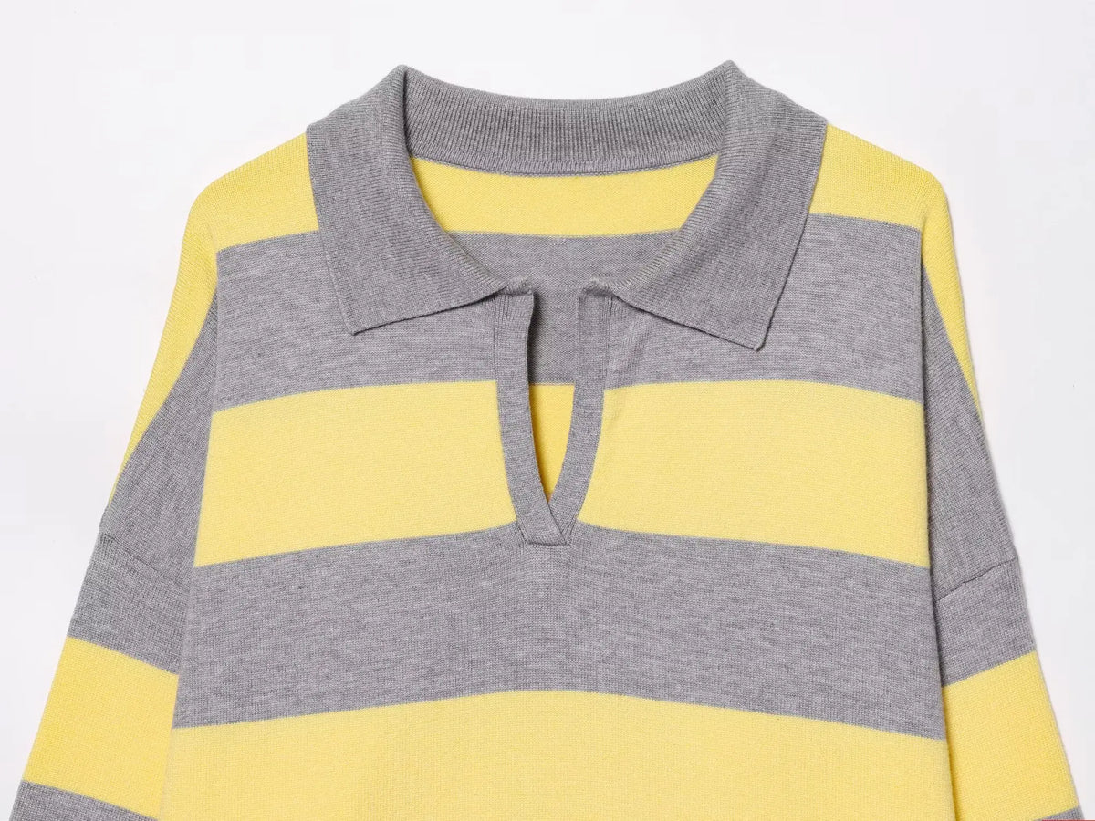 Women's Striped Polo Sweater Casual Long Sleeve Loose Pullover