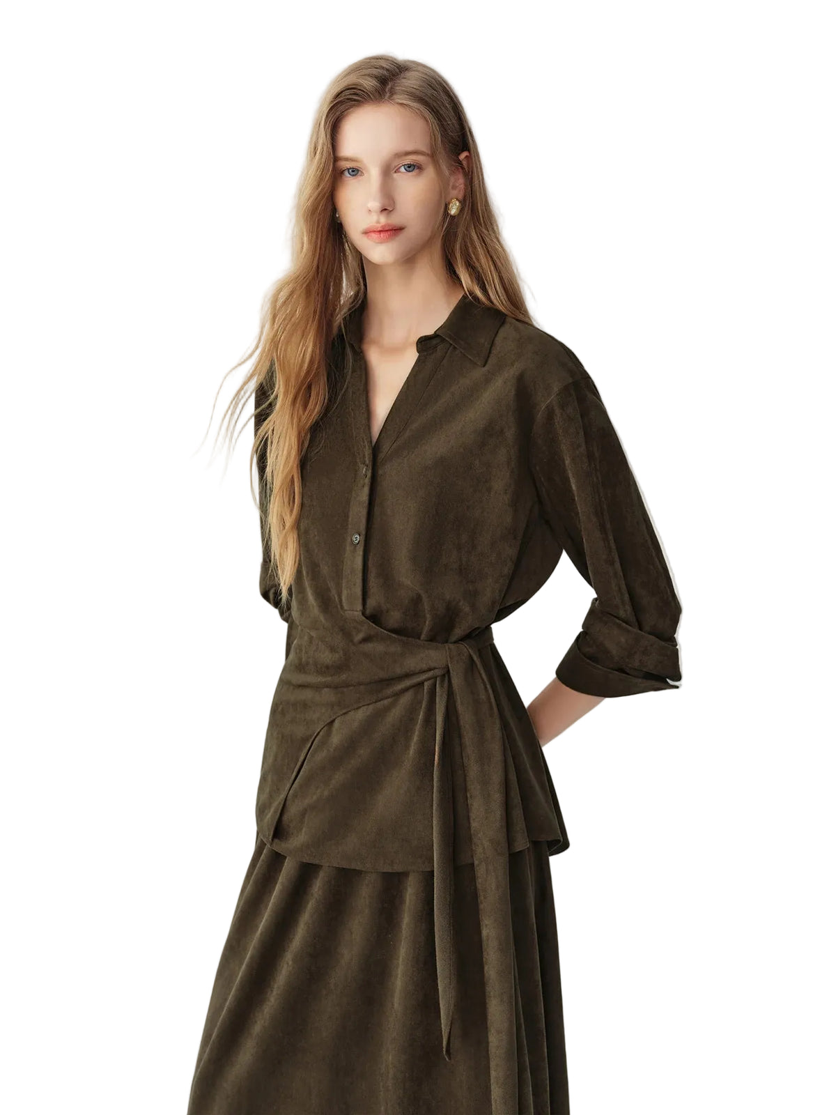 Women's Faux Suede Tie-Waist Shirt & A-Line Skirt Two-Piece Set – Retro Office