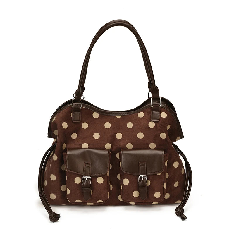 Women's Tote Bag Vintage Dot-Pattern Faux PU Leather Zipper Shoulder Bag with Phone Pocket