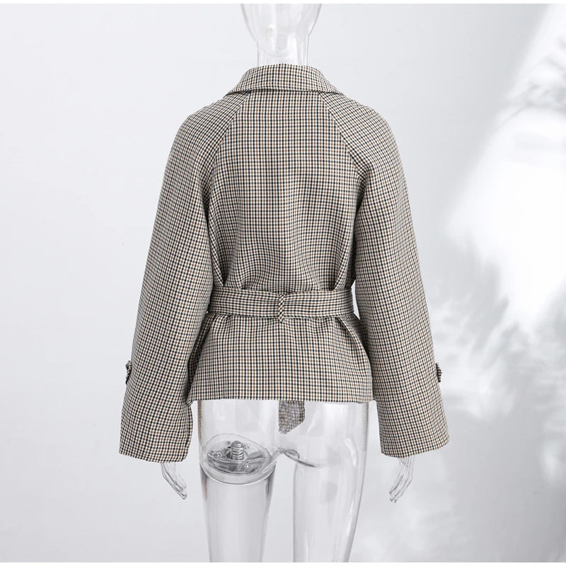 Women's Jacket Polyester Plaid Loose Stand Collar Full-Zip Full-Sleeve Casual Autumn Outerwear