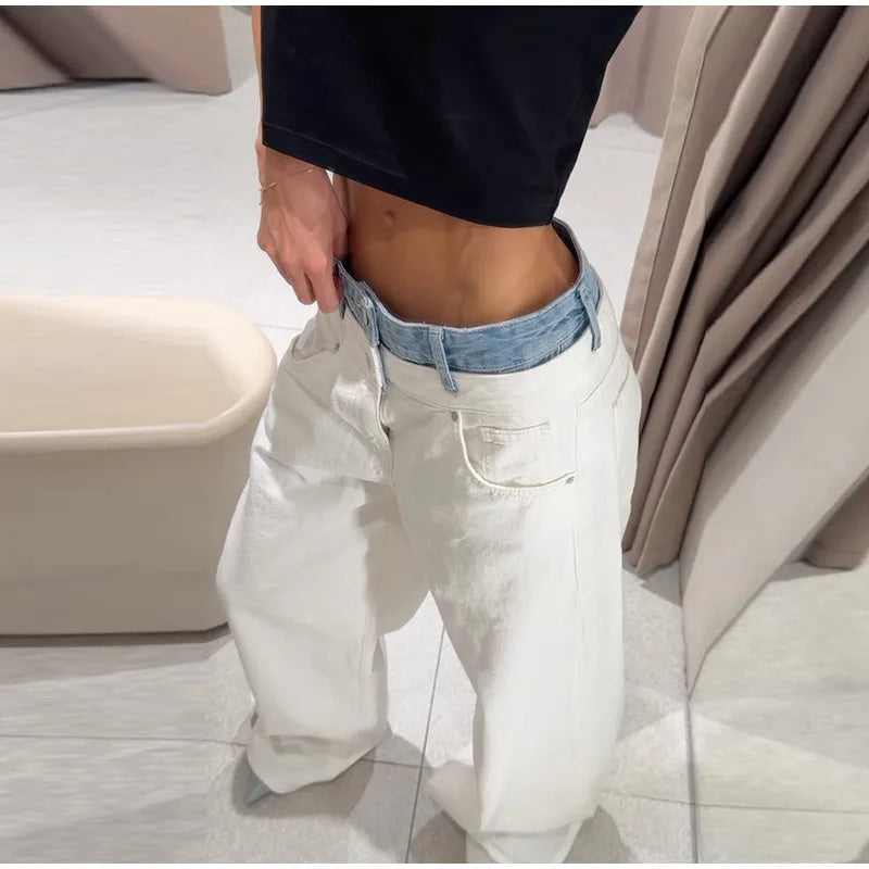 Women's Denim Patchwork Wide-Leg Ankle Jeans Drawstring Low Waist Loose Fit Casual Trendy Bottoms