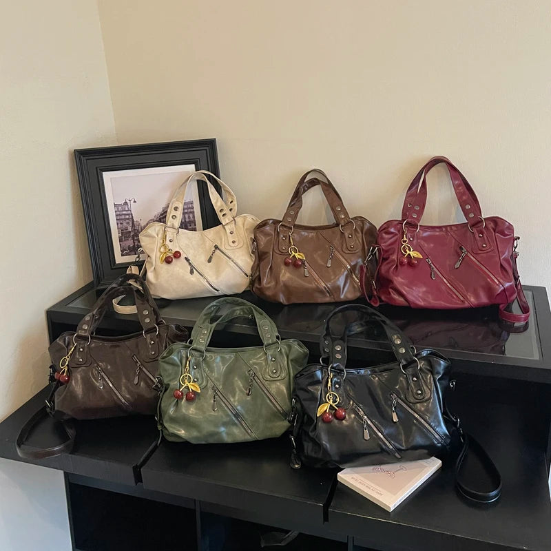 Women's Faux Leather Tote Shoulder Bag with Charm