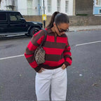 Women's Striped Polo Sweater Casual Long Sleeve Loose Pullover