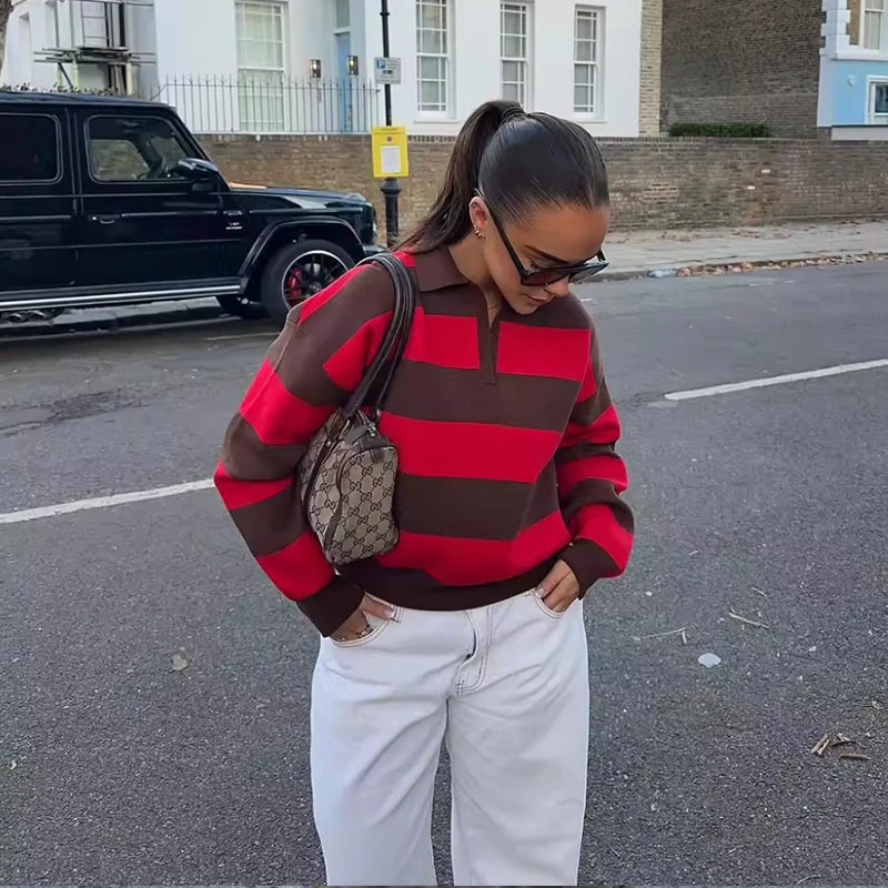 Women's Striped Polo Sweater Casual Long Sleeve Loose Pullover