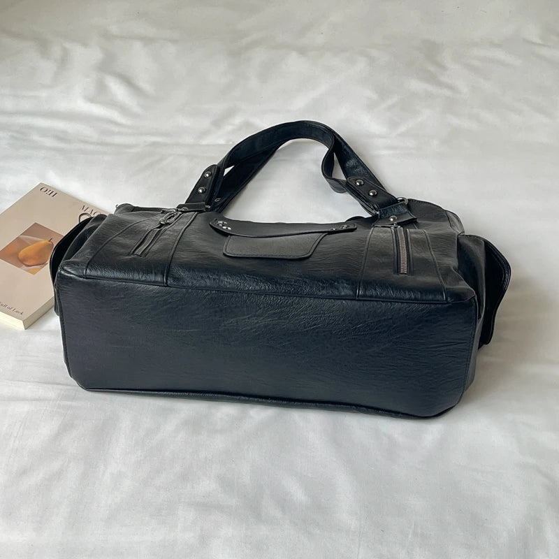 Women's Hobo Bag Vintage Large-Capacity Soft PU Leather Rivet-Accent Zipper Shoulder Bag with Phone Pocket