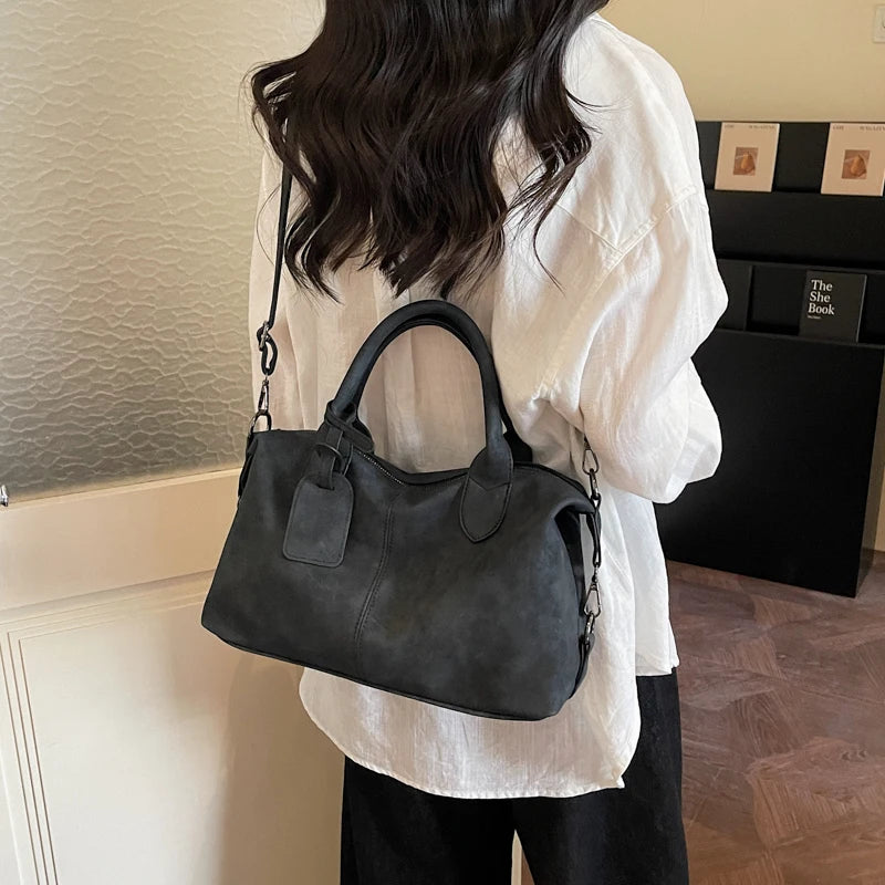 Women's Boston-Style PU Leather Shoulder Bag with Zipper