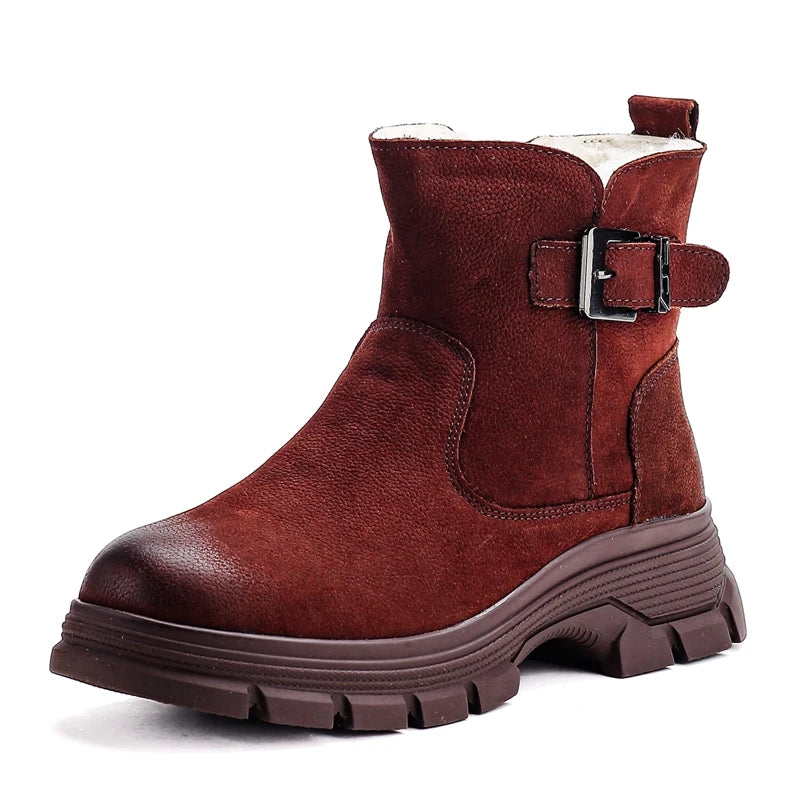 Damen Echtleder Schneestiefel - Chunky-Sohle Retro Knöchelstiefel