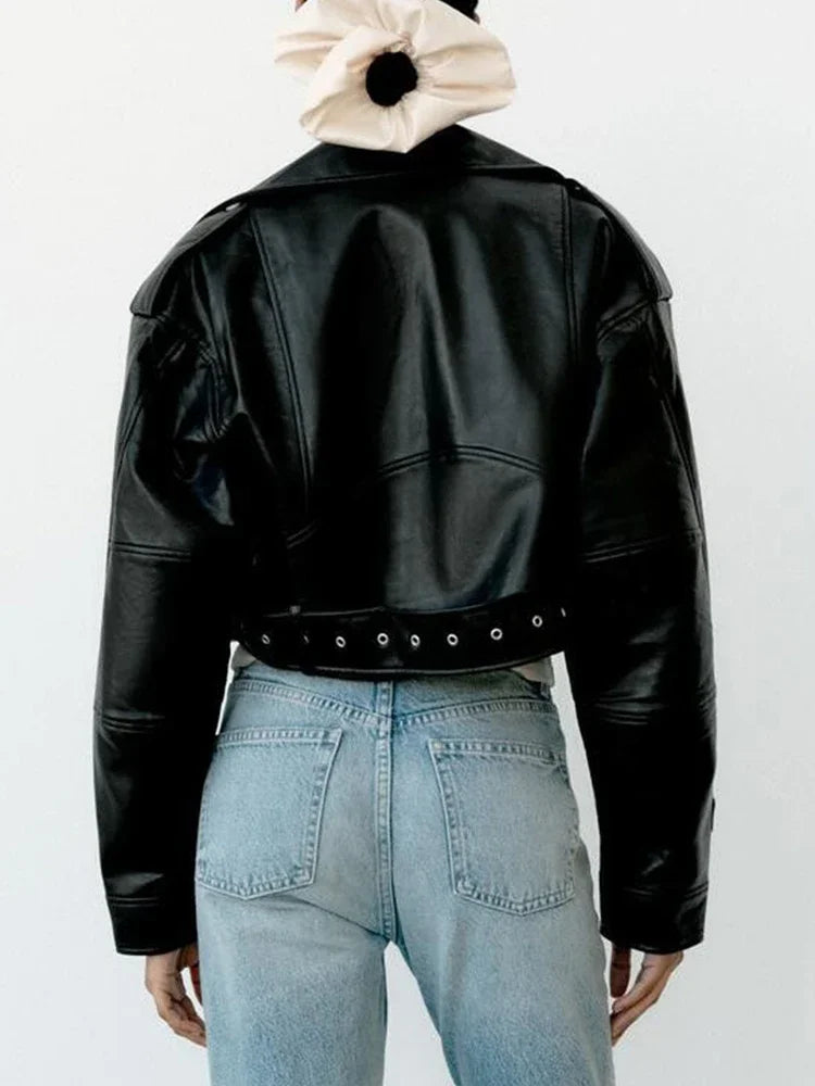 Women's Jacket Vintage Oversized Loose Faux PU Leather Full-Zip Turn-Down Lapel Short Retro Moto Biker Coat