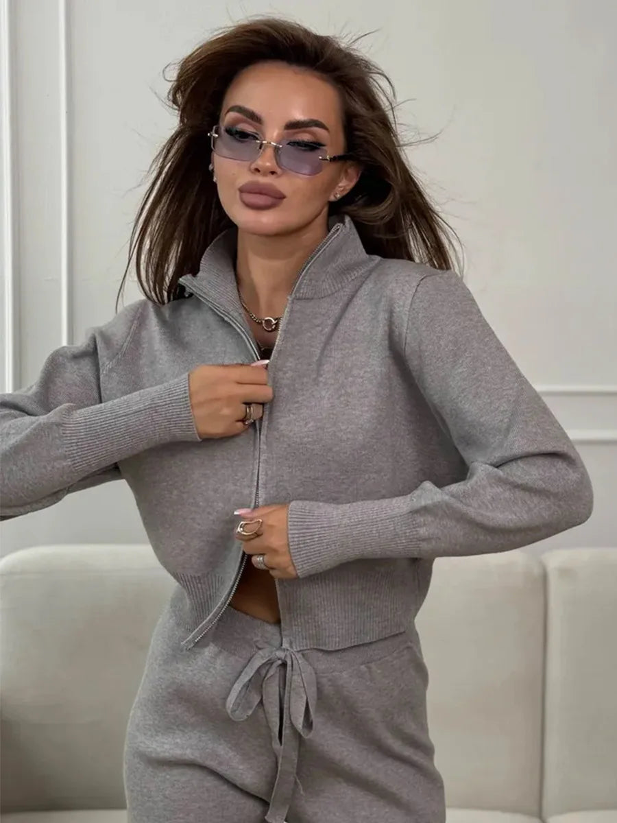 Women's Knit 2-Piece Set Zip-Up Stand Collar Cardigan Wide-Leg Ankle Pants Office Lady Autumn Winter Outfit