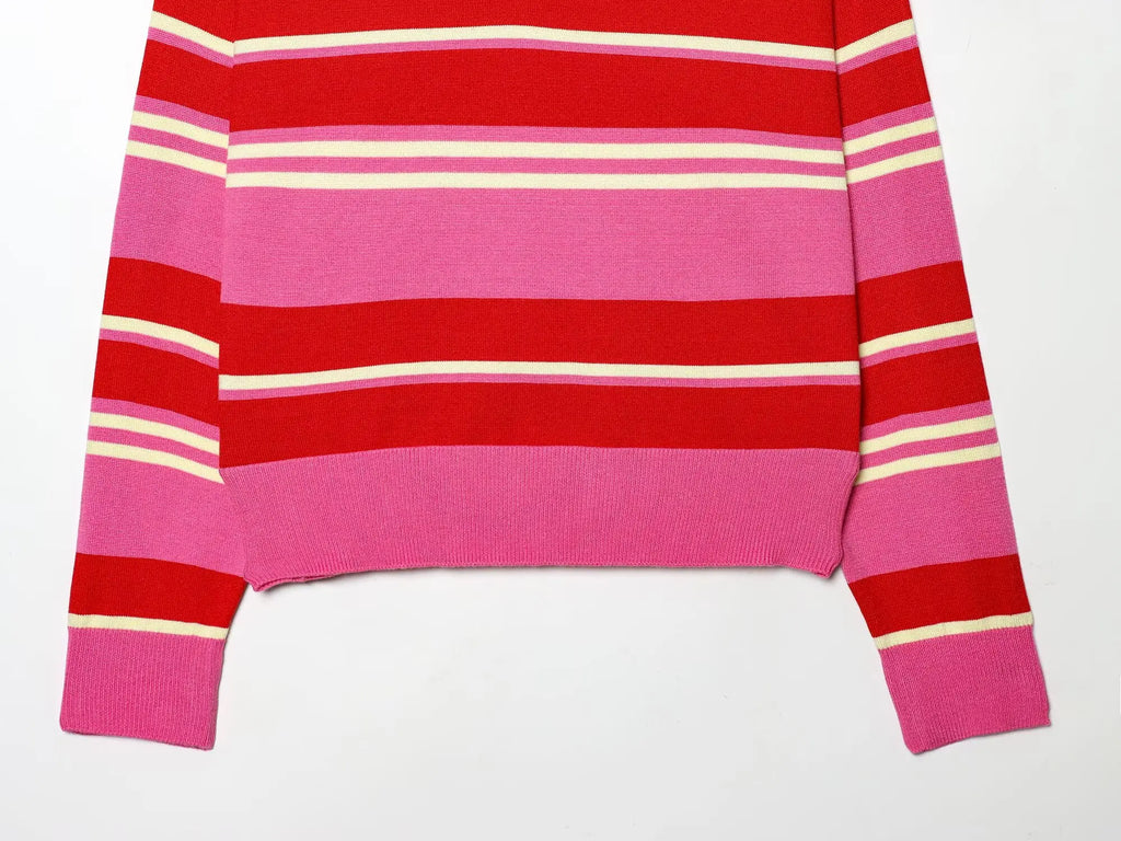 Women's Striped Polo Sweater Casual Long Sleeve Loose Pullover