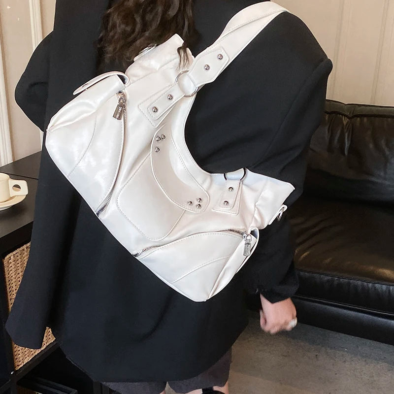 Women's PU Leather Hobo Shoulder Bag - Silver Stud Rivet Detail, Adjustable Strap