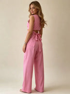 2026 Women Casual Set Elegant Back Tie Sleeveless Peplum Top + Wide Leg Pants 2 Pieces