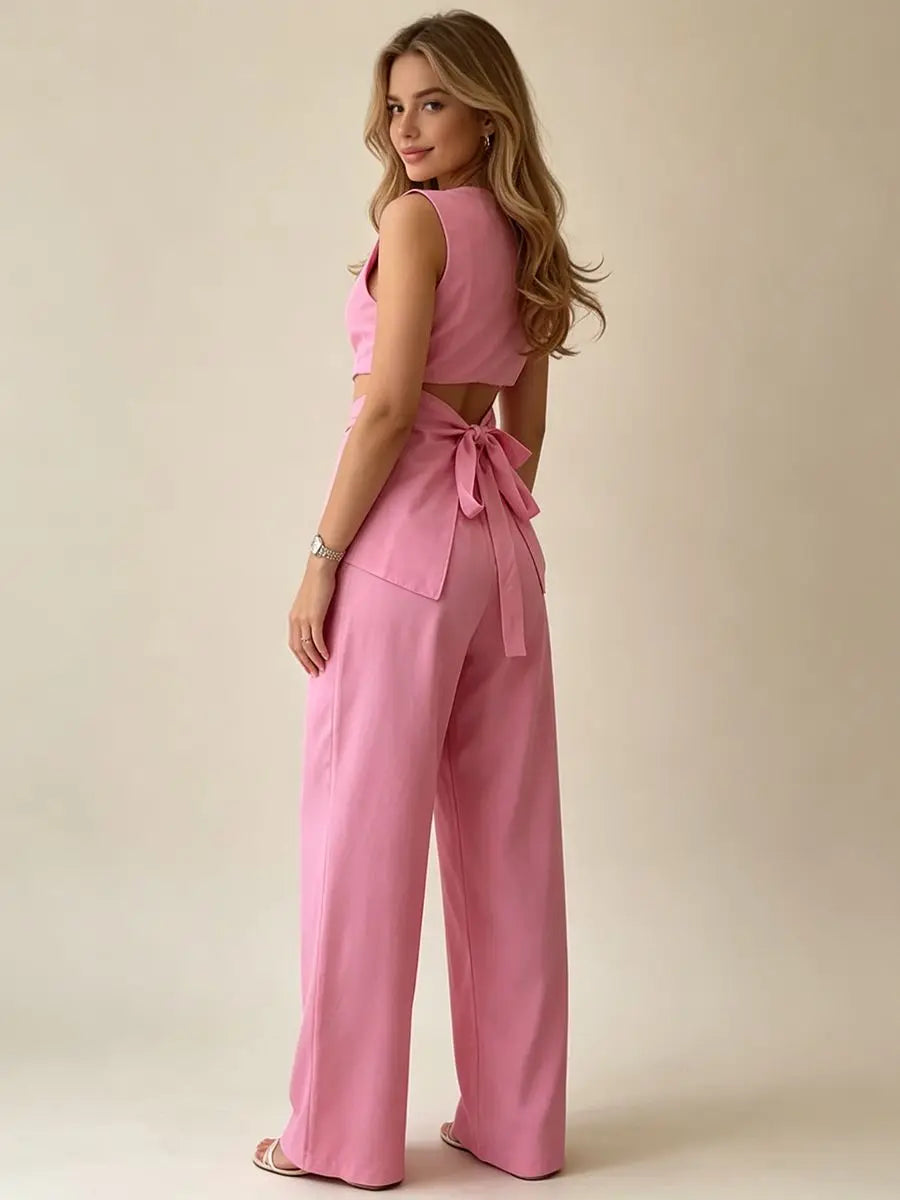 2026 Women Casual Set Elegant Back Tie Sleeveless Peplum Top + Wide Leg Pants 2 Pieces