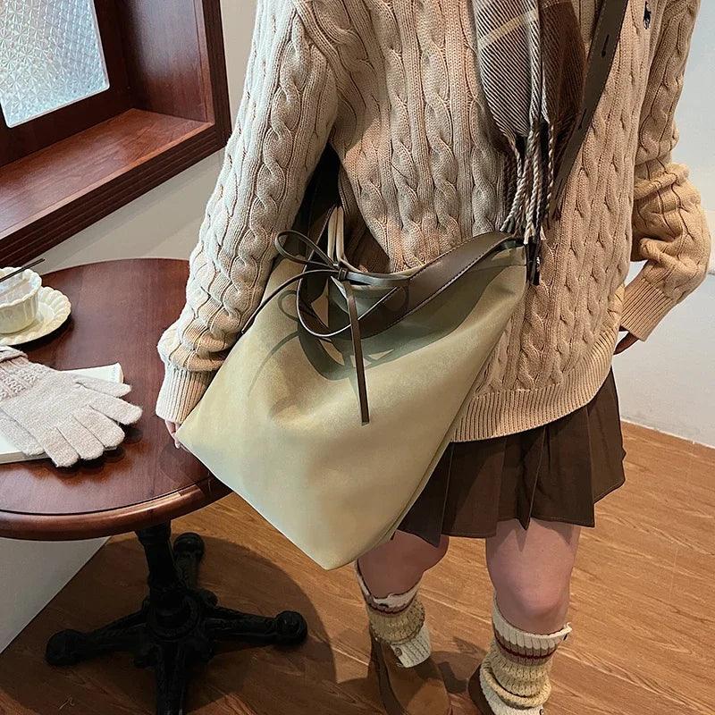 Suede Retro Shoulder Bag Women Tie Soft Hobo Crossbody Handbags Solid Purses