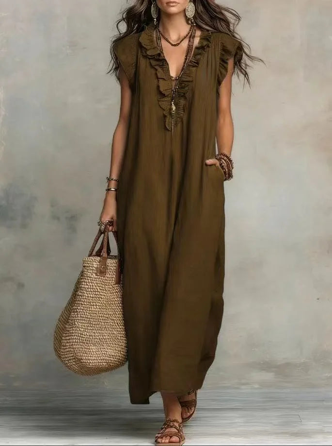Boho Maxi Dress with Pockets – Ruffle V-Neck Sleeveless Beach Dress