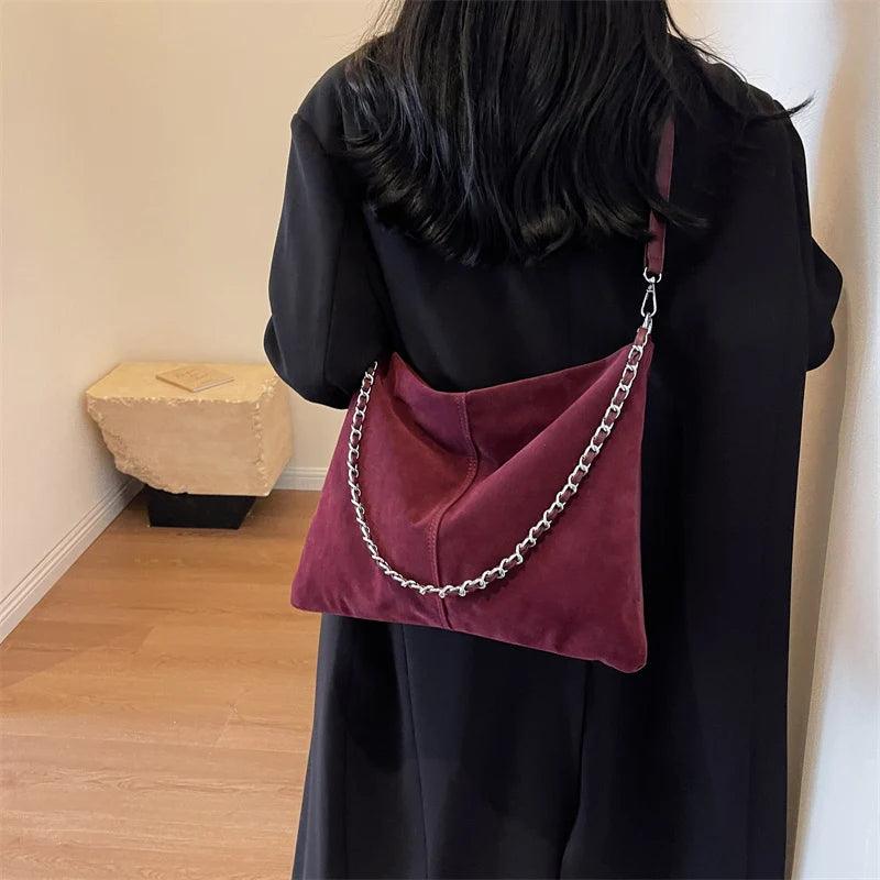 Large Shoulder Bags Nubuck Soft Leather Chain Strap Zipper Women Purses