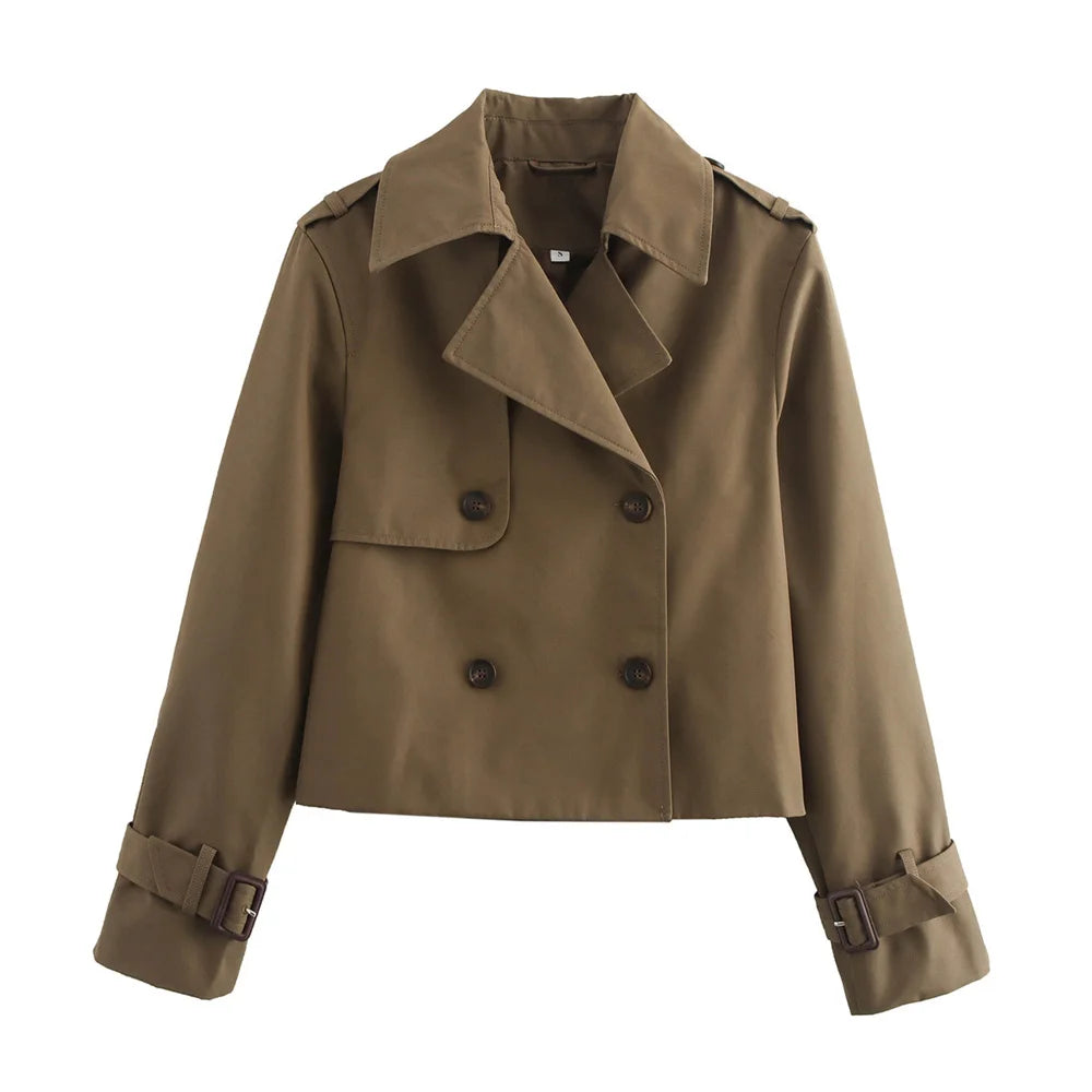 Women's Cropped Trench Coat Autumn Jacket Women Streetwear Double Breasted Long Sleeve