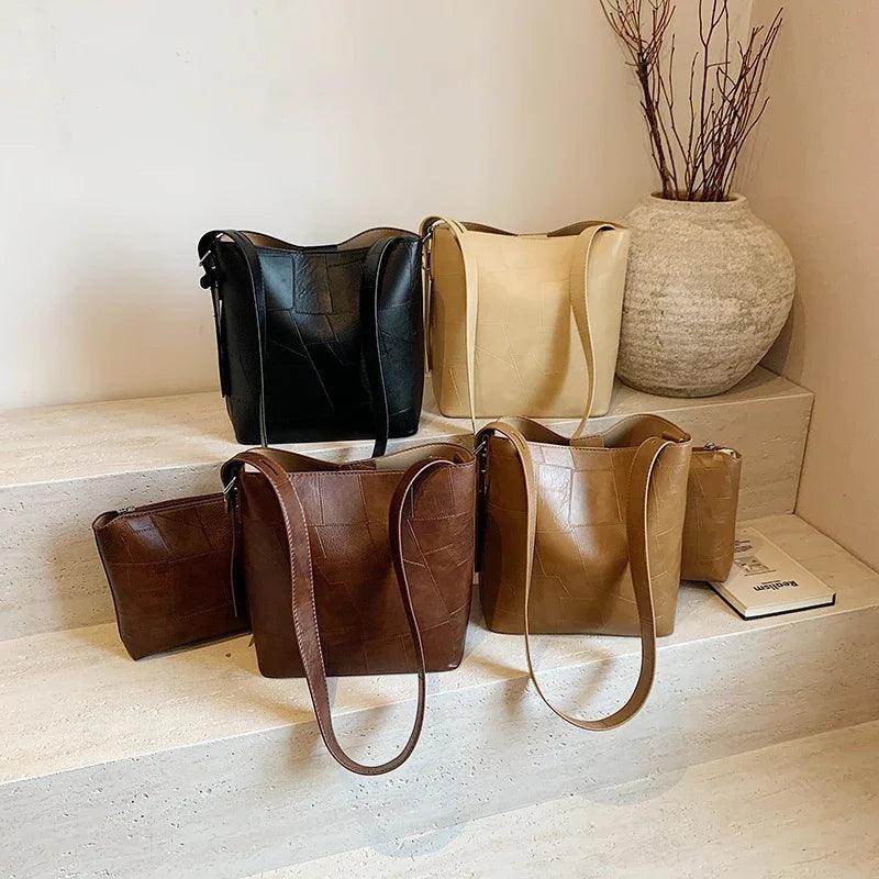 Women Bucket Bags Medium Leather Patch 2 in Interior Zipper Purse Shoulder Bags