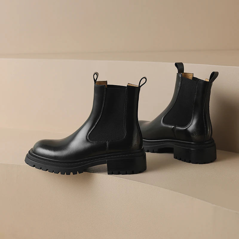 Arden Furtado Women's Calfskin Leather Chelsea Ankle Boots – Round Toe Square Heel