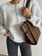 Women's Cardigan Slim-Fit Single-Breasted O-Neck Button Wool-Cotton-Acrylic Blend Full-Sleeve Autumn Winter Sweater