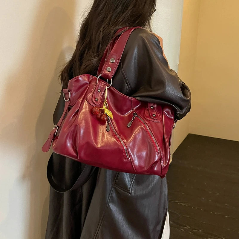 Women's Faux Leather Tote Shoulder Bag with Charm