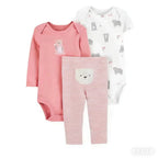 Pink bear bodysuit, white floral bear print top, and pink striped leggings with bear face patch on waist