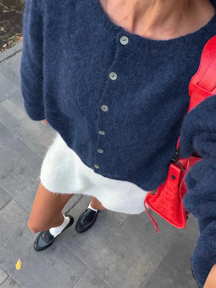 Women's Cardigan Single-Breasted O-Neck Button Knit Regular Fit Full-Sleeve Office Lady Spring Autumn Sweater