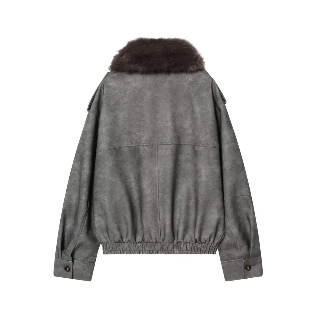 Women's  Faux Fur Collared Zip-Up Jacket with Pockets