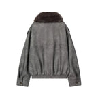 Women's  Faux Fur Collared Zip-Up Jacket with Pockets