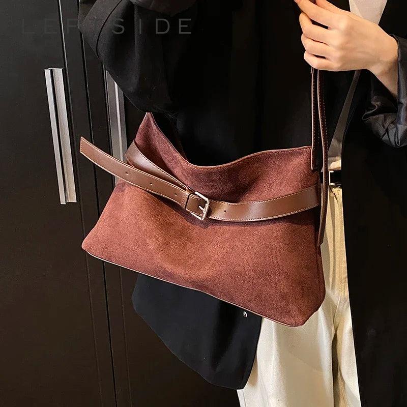 Suede Shoulder Bag Large Belt Buckle Soft Matter Zipper Women Crossbody Bags