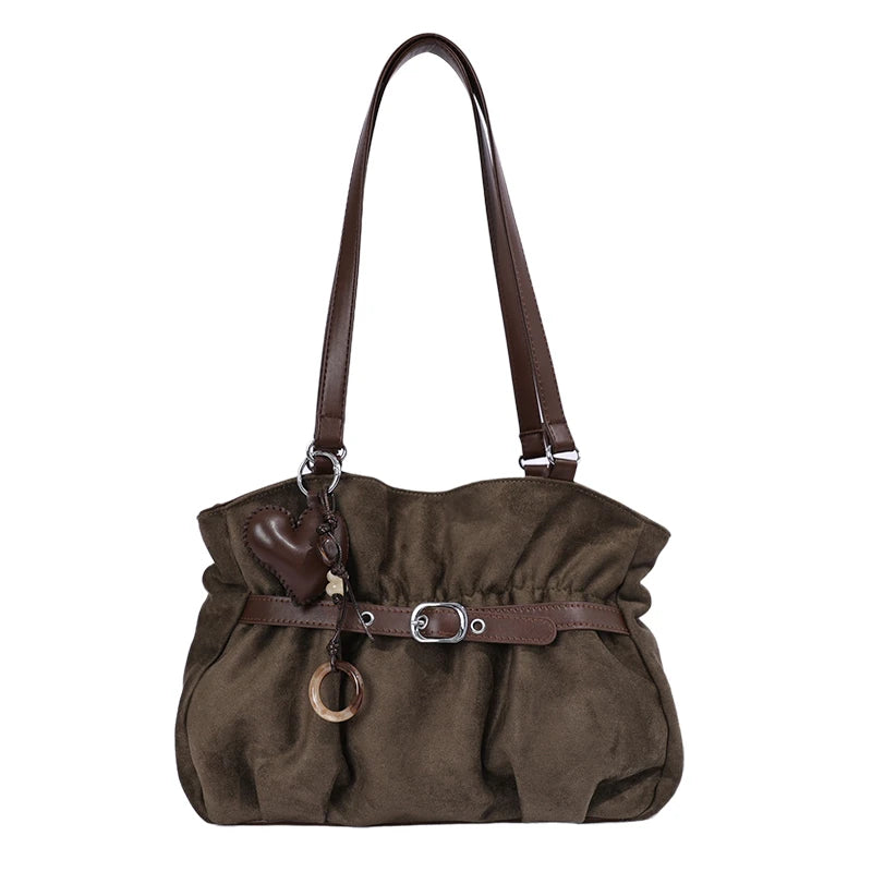 Women's Shoulder Bag Vintage Ruched PU Leather Zipper Tote Bag with Phone Pocket & Charm
