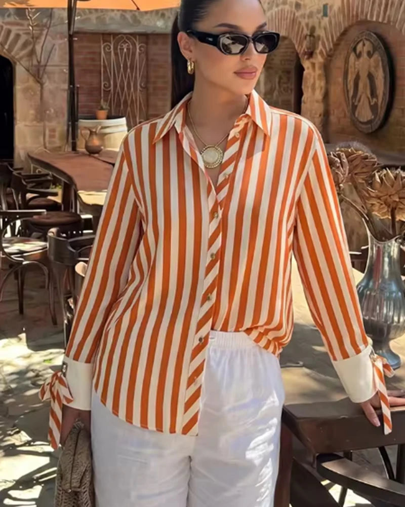 Women's Shirt 2026 Fashion Bow-tie Striped Top Long Sleeve Elegance Chic Daily