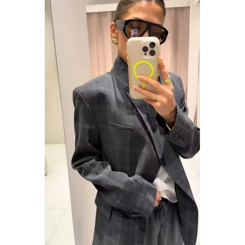 Women's Plaid Stand-Collar Single-Button Blazer Fashion High Street Outwear
