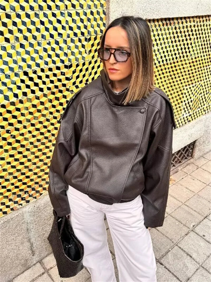 Women's Jacket Pebble Faux Leather Full-Sleeve Moto-Style Zipper Casual Coat
