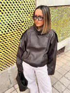 Women's Jacket Pebble Faux Leather Full-Sleeve Moto-Style Zipper Casual Coat