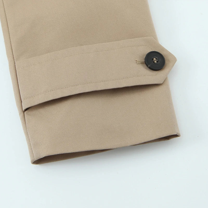Women's Coat Double-Breasted Short Trench Jacket Vintage Notched-Collar Wide-Waist Long-Sleeve Woven Coat in Khaki