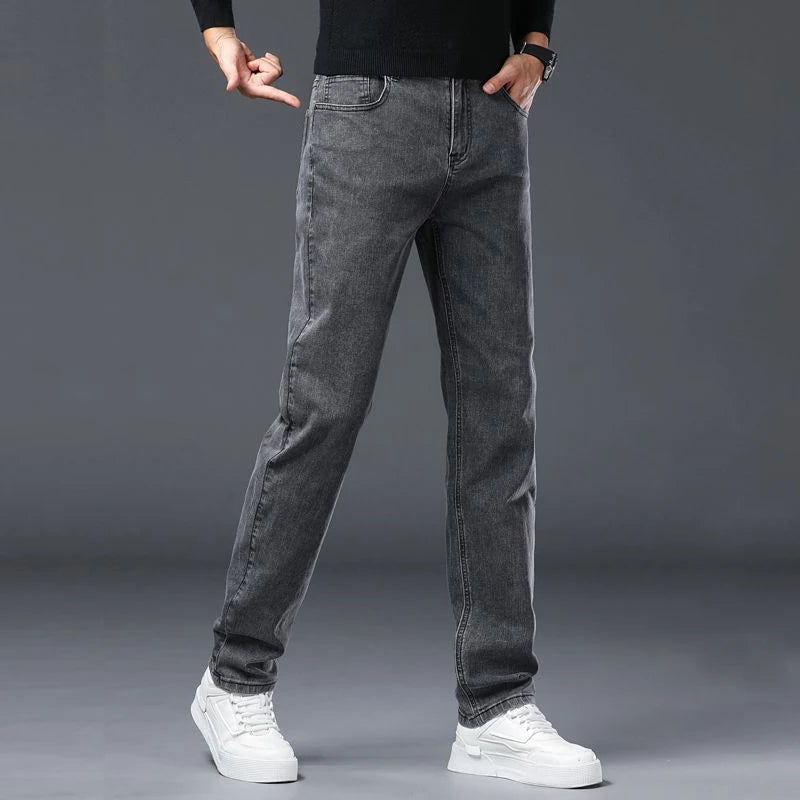 Men's Jeans Slim Straight Leg Mid-Rise Smart Casual Garment-Washed Denim Pants