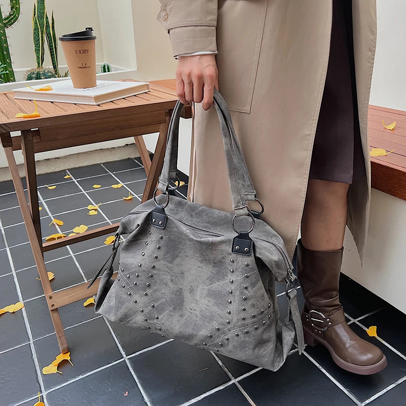 Women's Rivet PU Leather Large Capacity Shoulder Bag – Punk Style Tote Handbag