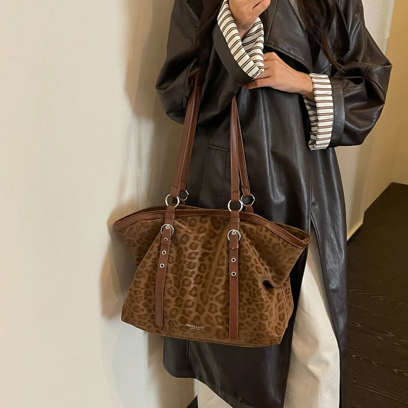 Vintage Leopard Tote Shoulder Bag – Large Capacity Handbag