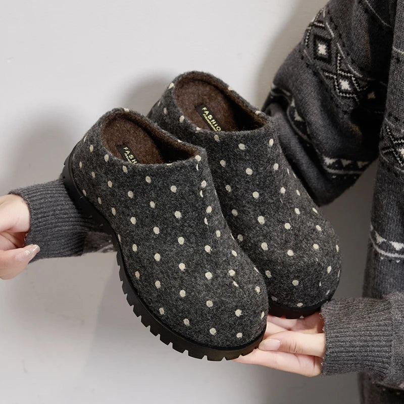 Damen Polka Dot Mule Hausschuhe Dicke Plattform Slip-On Offene Schuhe
