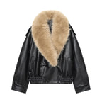 Women's Coat Vintage Faux Leather Big Fur Collar Double-Breasted Loose Full-Sleeve Thick Outerwear Jacket