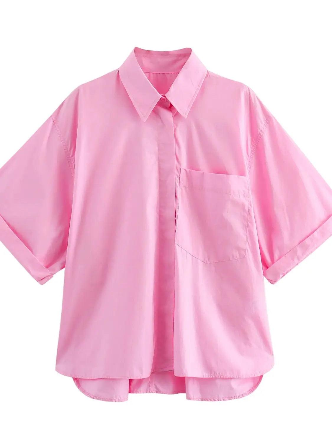 Pocket Poplin Shirt Collared Short Sleeve Front Button Tops Pink Sd7cebdd926ce4fe8b072db715dc8689bK STYLEINGER