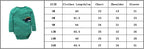 Size chart for green striped dinosaur bodysuits listing measurements in cm for sizes 3M to 24M