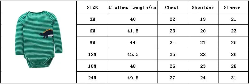 Size chart for green striped dinosaur bodysuits listing measurements in cm for sizes 3M to 24M