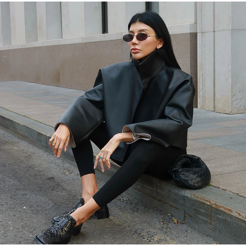 Women's Jacket Polyester Solid Stand Collar Open-Front Loose Full-Sleeve Casual Spring Autumn Outerwear