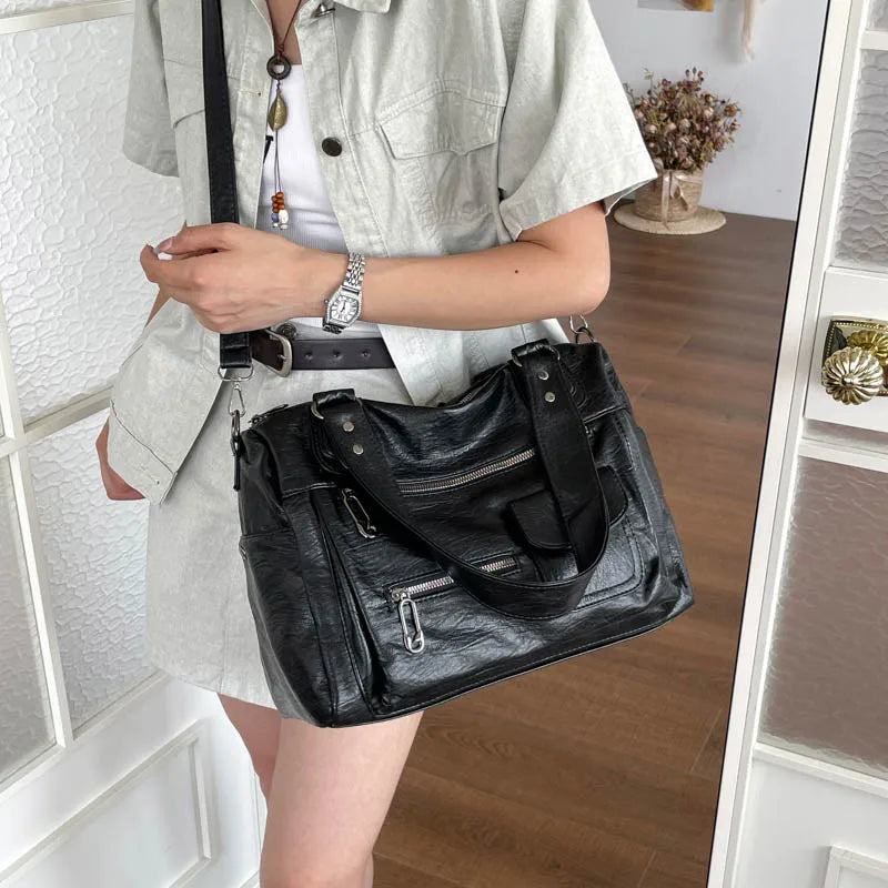 Women's Vintage PU Leather Tote Bag - Top Handle, Large Capacity, Crossbody