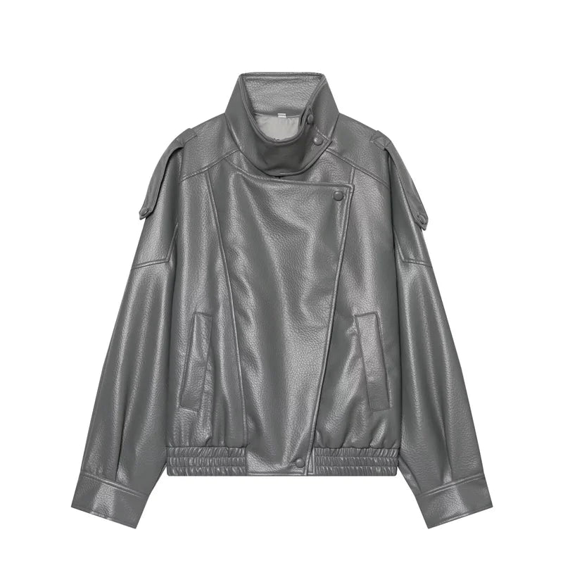 Women's Jacket Pebble Faux Leather Full-Sleeve Moto-Style Zipper Casual Coat